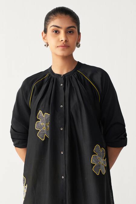Shop_Three_Black Chanderi Embroidery Floral Gather Neck Shirt Tunic 