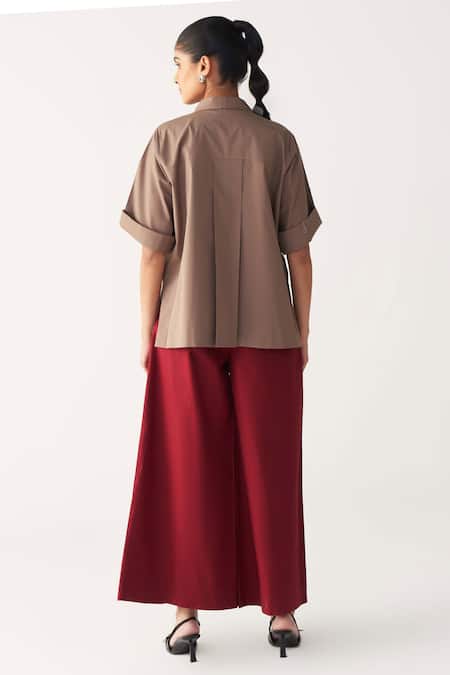 Three_Brown Poplin Embroidery Collared Floral Patch Fringe Shirt _Online_at_Aza_Fashions