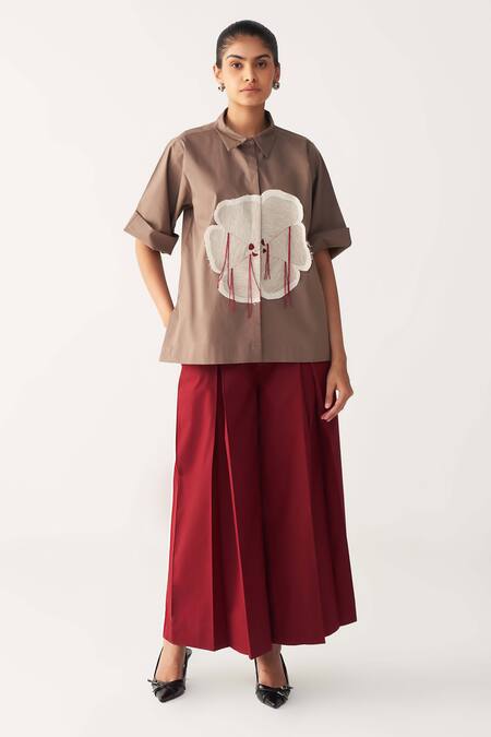 Buy_Three_Brown Poplin Embroidery Collared Floral Patch Fringe Shirt _Online_at_Aza_Fashions
