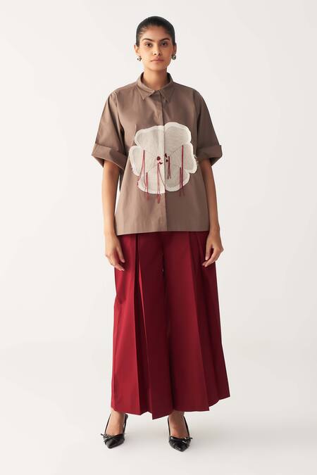 Shop_Three_Brown Poplin Embroidery Collared Floral Patch Fringe Shirt _Online_at_Aza_Fashions