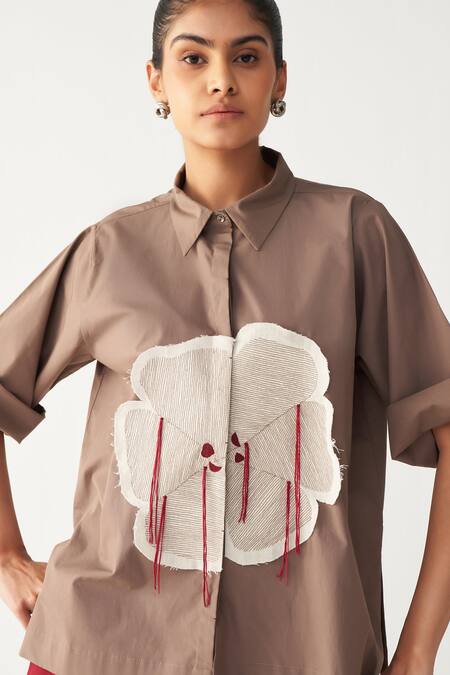 Three_Brown Poplin Embroidery Collared Floral Patch Fringe Shirt _at_Aza_Fashions