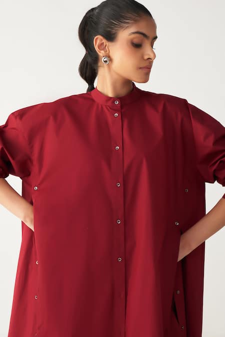 Three Red Poplin Mandarin Collar Side Button Tunic Online at Aza Fashions Three_Red Poplin Mandarin Collar Side Button Tunic _Online_at_Aza_Fashions