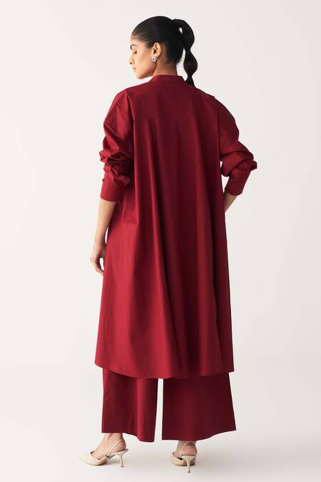 Buy Three Red Poplin Mandarin Collar Side Button Tunic Online at Aza Fashions Buy_Three_Red Poplin Mandarin Collar Side Button Tunic _Online_at_Aza_Fashions