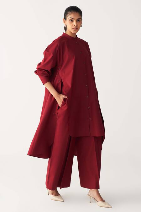 Shop Three Red Poplin Mandarin Collar Side Button Tunic Online at Aza Fashions Shop_Three_Red Poplin Mandarin Collar Side Button Tunic _Online_at_Aza_Fashions