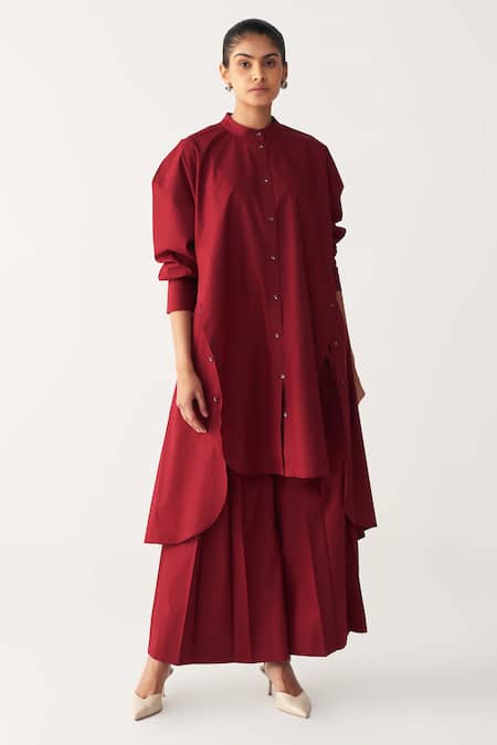 Three Red Poplin Mandarin Collar Side Button Tunic 