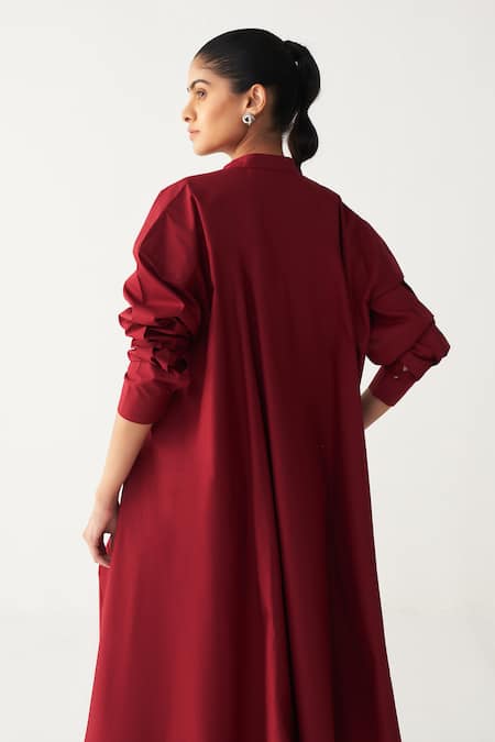 Shop Three Red Poplin Mandarin Collar Side Button Tunic at Aza Fashions Shop_Three_Red Poplin Mandarin Collar Side Button Tunic _at_Aza_Fashions