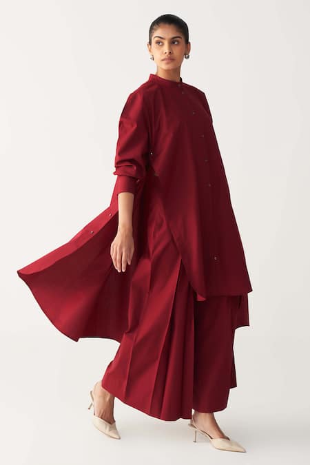 Three Red Poplin Mandarin Collar Side Button Tunic at Aza Fashions Three_Red Poplin Mandarin Collar Side Button Tunic _at_Aza_Fashions