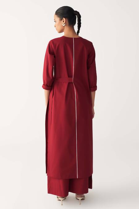 Shop Three Red Poplin Round Neck Madder Front Pleat Jacket Tunic at Aza Fashions Shop_Three_Red Poplin Round Neck Madder Front Pleat Jacket Tunic _at_Aza_Fashions