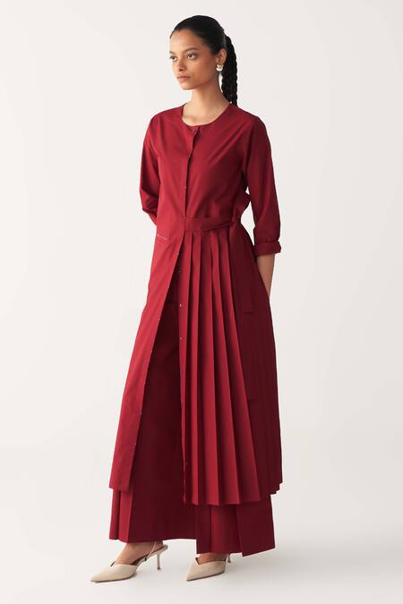 Three Red Poplin Round Neck Madder Front Pleat Jacket Tunic Online at Aza Fashions Three_Red Poplin Round Neck Madder Front Pleat Jacket Tunic _Online_at_Aza_Fashions