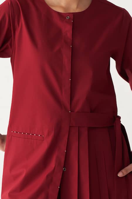 Buy Three Red Poplin Round Neck Madder Front Pleat Jacket Tunic Buy_Three_Red Poplin Round Neck Madder Front Pleat Jacket Tunic
