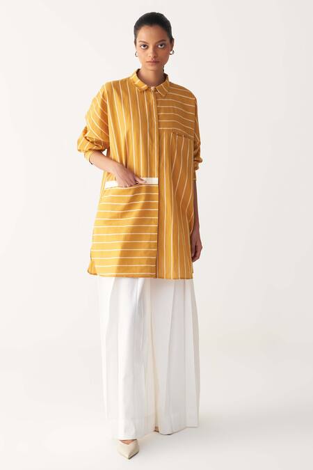 Three_Mustard Collared Yellow Drawstring Shirt_Online_at_Aza_Fashions