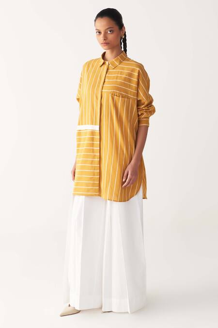 Shop_Three_Mustard Collared Yellow Drawstring Shirt_Online_at_Aza_Fashions
