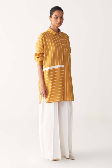 Three_Mustard Collared Yellow Drawstring Shirt_at_Aza_Fashions