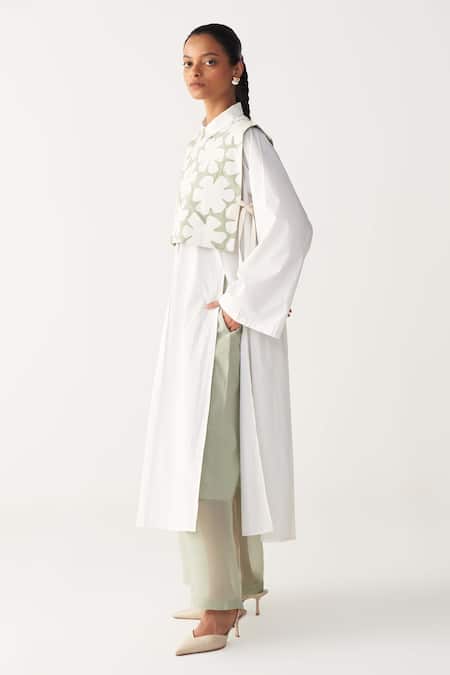 Buy_Three_Mint Organza, Poplin Applique Collared Floral Crop Overlay _Online_at_Aza_Fashions