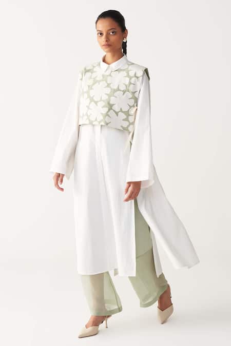 Three Mint Organza, Poplin Applique Collared Floral Crop Overlay 