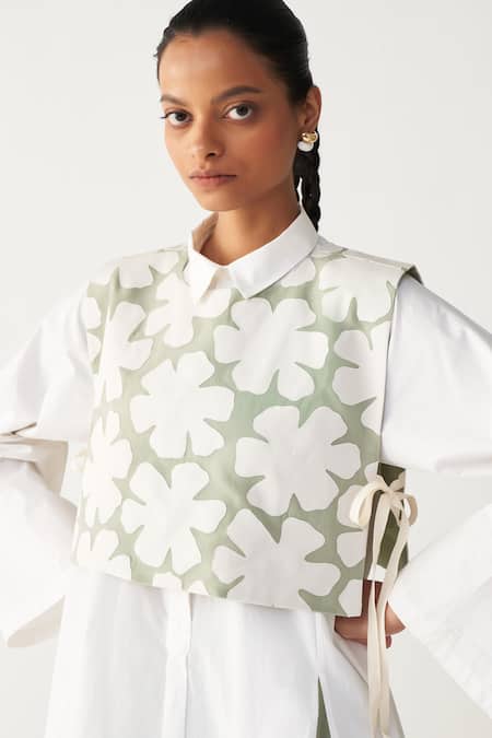 Three_Mint Organza, Poplin Applique Collared Floral Crop Overlay _at_Aza_Fashions
