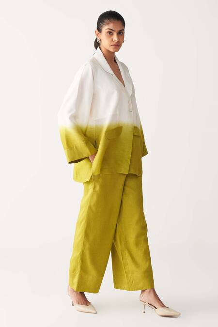 Buy_Three_Ivory Silk Shawl Neck Lime Green Dip-dye Jacket _Online_at_Aza_Fashions