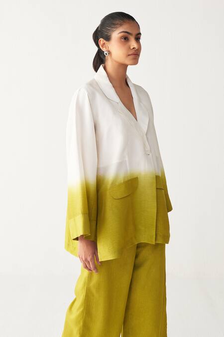 Shop_Three_Ivory Silk Shawl Neck Lime Green Dip-dye Jacket _Online_at_Aza_Fashions