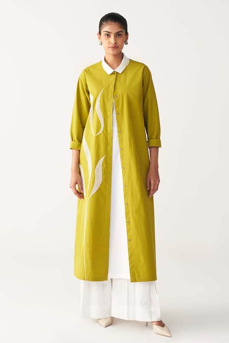 Three Green Poplin Embroidery Collared Infinity Jacket 