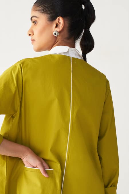 Buy_Three_Green Poplin Embroidery Collared Infinity Jacket _Online_at_Aza_Fashions