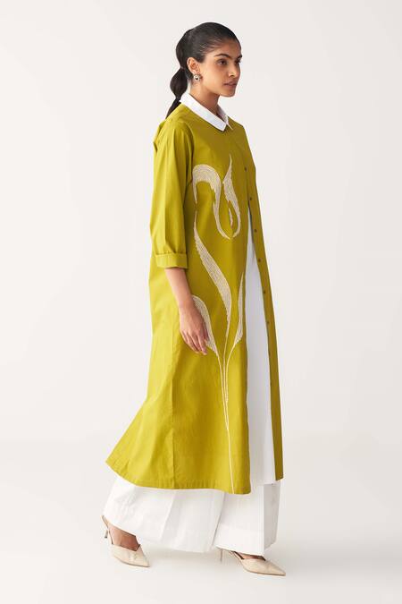 Shop_Three_Green Poplin Embroidery Collared Infinity Jacket _Online_at_Aza_Fashions