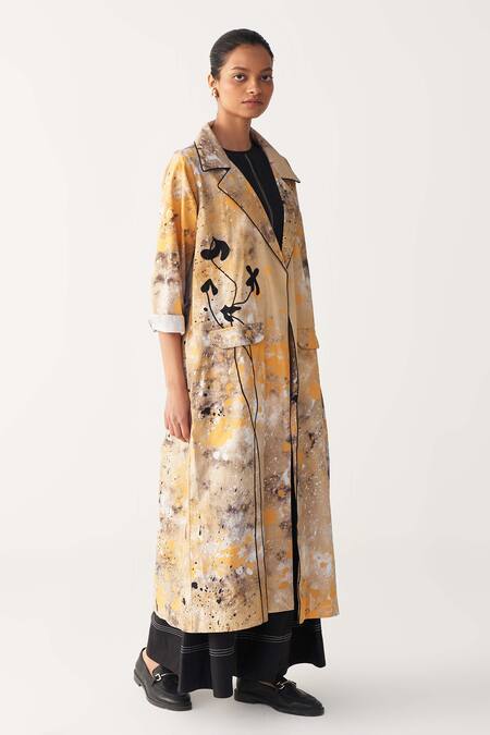 Three Multi Color Poplin Applique Collared Painter Print Full Length Jacket Online at Aza Fashions Three_Multi Color Poplin Applique Collared Painter Print Full Length Jacket _Online_at_Aza_Fashions