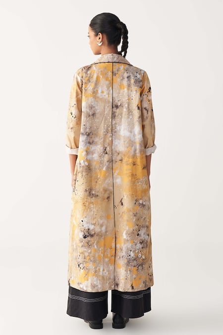 Shop Three Multi Color Poplin Applique Collared Painter Print Full Length Jacket at Aza Fashions Shop_Three_Multi Color Poplin Applique Collared Painter Print Full Length Jacket _at_Aza_Fashions