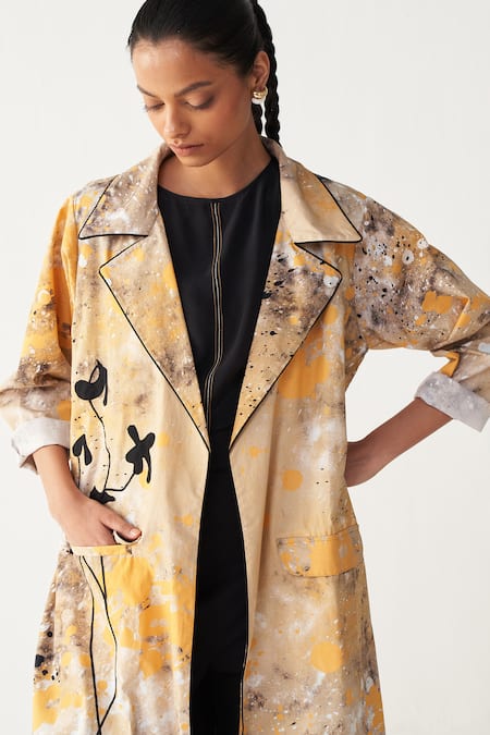 Three Multi Color Poplin Applique Collared Painter Print Full Length Jacket at Aza Fashions Three_Multi Color Poplin Applique Collared Painter Print Full Length Jacket _at_Aza_Fashions
