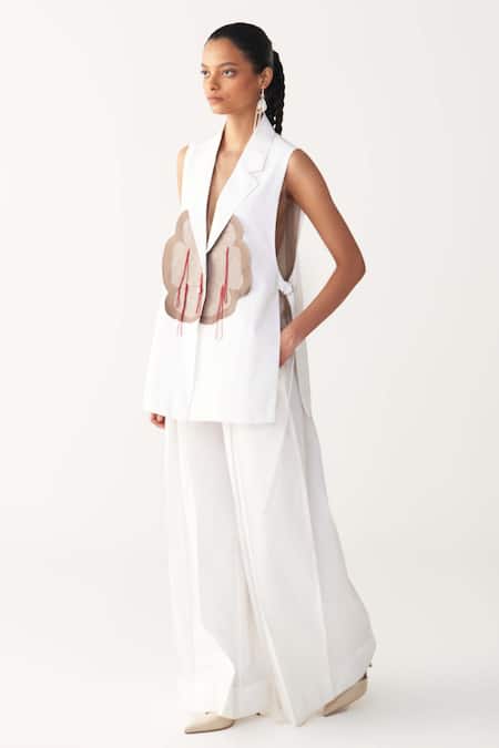 Three_White Poplin Embroidery V-neck Floral Patch Fringe Waistcoat _Online_at_Aza_Fashions