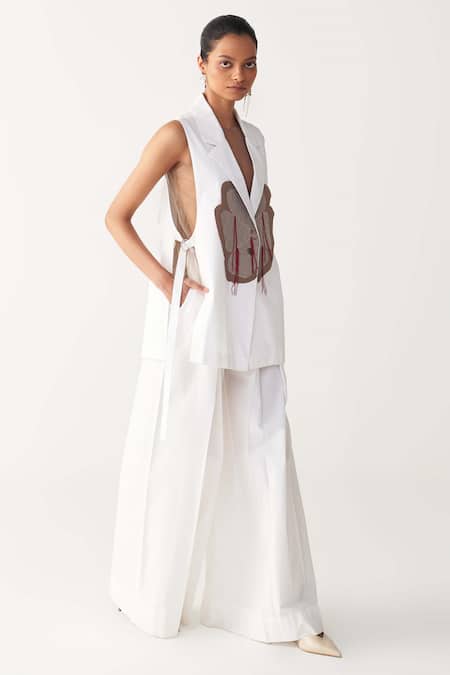 Shop_Three_White Poplin Embroidery V-neck Floral Patch Fringe Waistcoat _Online_at_Aza_Fashions