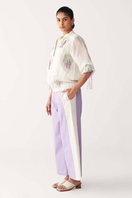 Three_Ivory Chanderi Embroidery Round Neck Floral Fringe Bomber Jacket _Online_at_Aza_Fashions