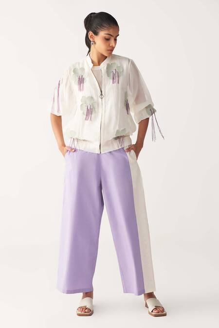 Buy_Three_Ivory Chanderi Embroidery Round Neck Floral Fringe Bomber Jacket _Online_at_Aza_Fashions