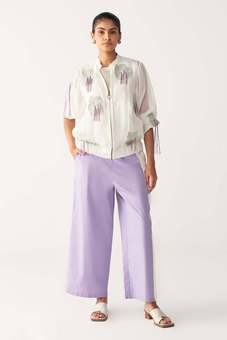 Shop_Three_Ivory Chanderi Embroidery Round Neck Floral Fringe Bomber Jacket _Online_at_Aza_Fashions