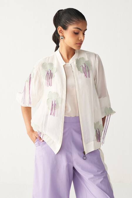 Three_Ivory Chanderi Embroidery Round Neck Floral Fringe Bomber Jacket _at_Aza_Fashions
