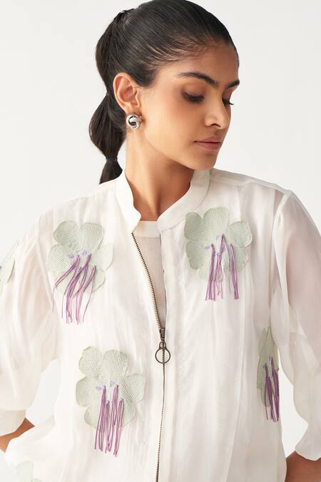 Buy_Three_Ivory Chanderi Embroidery Round Neck Floral Fringe Bomber Jacket 