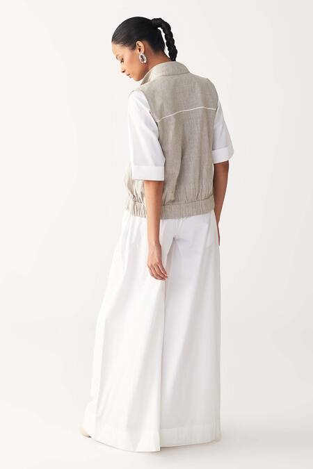 Three_Beige Handloom Cotton Embroidery High Neck Sleeveless Pocket Bomber _Online_at_Aza_Fashions