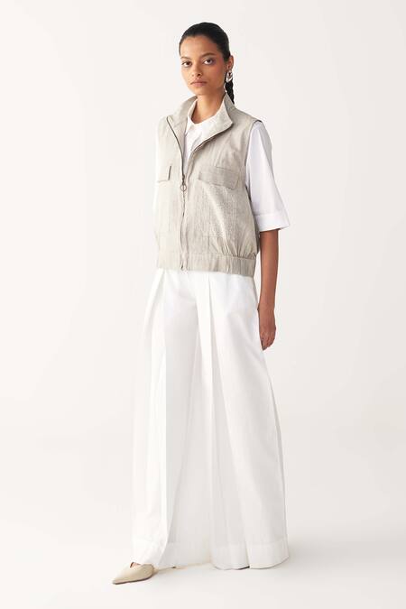 Buy_Three_Beige Handloom Cotton Embroidery High Neck Sleeveless Pocket Bomber _Online_at_Aza_Fashions