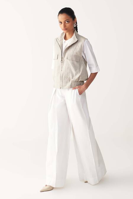 Shop_Three_Beige Handloom Cotton Embroidery High Neck Sleeveless Pocket Bomber _Online_at_Aza_Fashions