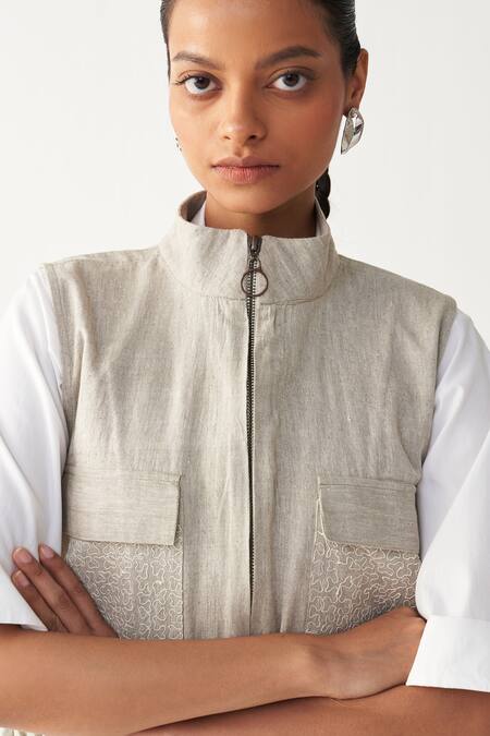 Buy_Three_Beige Handloom Cotton Embroidery High Neck Sleeveless Pocket Bomber 