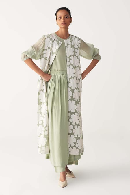 Three_Mint Organza Applique Round Neck Floral Back Yoke Jacket _Online_at_Aza_Fashions