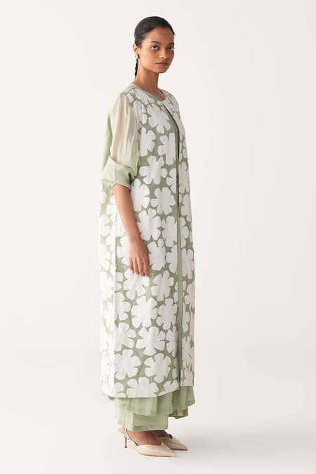 Buy_Three_Mint Organza Applique Round Neck Floral Back Yoke Jacket _Online_at_Aza_Fashions