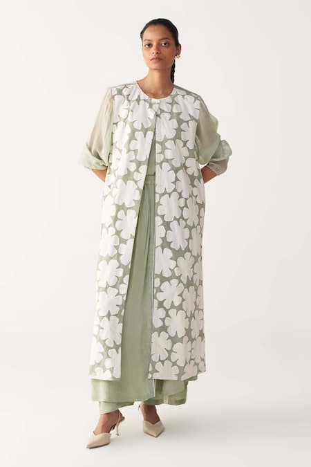 Three Mint Organza Applique Round Neck Floral Back Yoke Jacket 