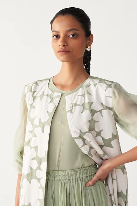 Shop_Three_Mint Organza Applique Round Neck Floral Back Yoke Jacket _Online_at_Aza_Fashions