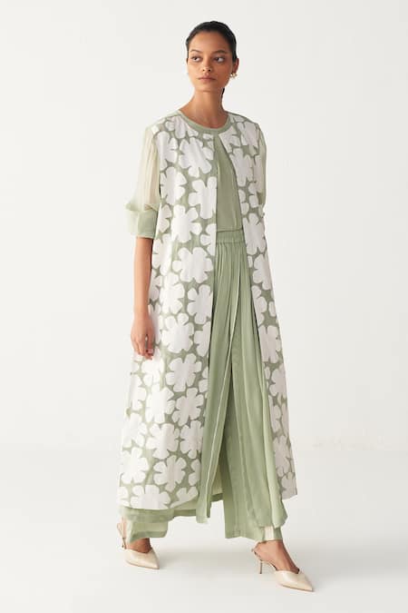 Three_Mint Organza Applique Round Neck Floral Back Yoke Jacket _at_Aza_Fashions