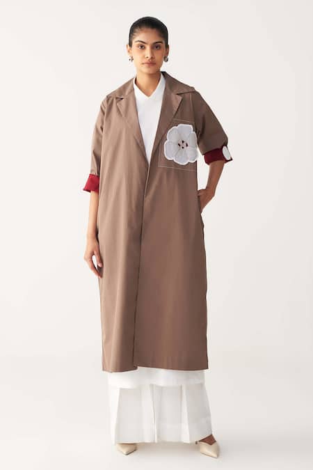 Three Brown Poplin Applique Collared Floral Patch Jacket 