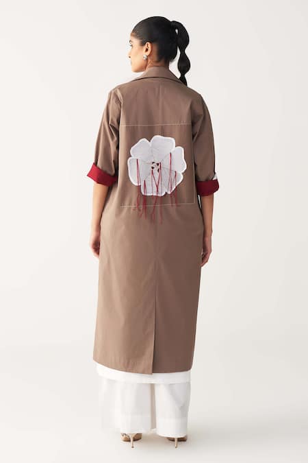 Shop Three Brown Poplin Applique Collared Floral Patch Jacket at Aza Fashions Shop_Three_Brown Poplin Applique Collared Floral Patch Jacket _at_Aza_Fashions