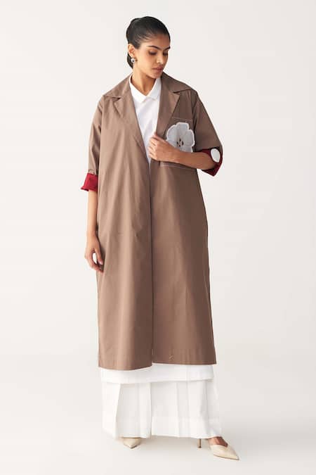 Buy Three Brown Poplin Applique Collared Floral Patch Jacket Online at Aza Fashions Buy_Three_Brown Poplin Applique Collared Floral Patch Jacket _Online_at_Aza_Fashions