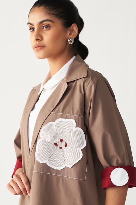 Three Brown Poplin Applique Collared Floral Patch Jacket at Aza Fashions Three_Brown Poplin Applique Collared Floral Patch Jacket _at_Aza_Fashions