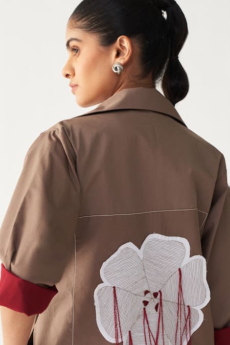 Buy Three Brown Poplin Applique Collared Floral Patch Jacket Buy_Three_Brown Poplin Applique Collared Floral Patch Jacket