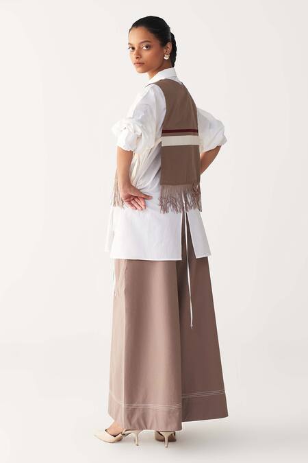 Three_Brown Poplin Fringe Collared Crop Overlay _Online_at_Aza_Fashions
